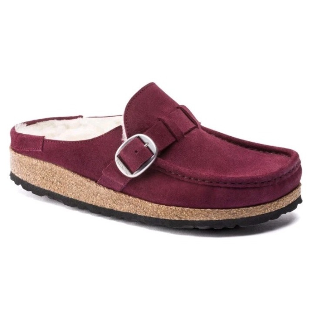 NEW! Birkenstock Women's 7 ' Buckley' Suede Shearling Clog Burgandy $180 - Picture 2 of 10